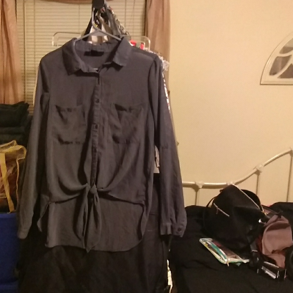 Women's button up, sheer gray blouse